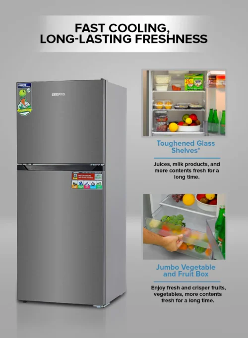GEEPAS 250 L GROSS | 180 L NET NO‑FROST DOUBLE‑DOOR REFRIGERATOR | MODEL GRF2522SXN